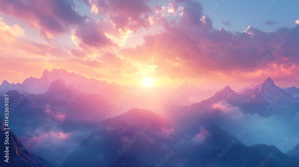 Panoramic view of the mountain landscape with sun Panoramic view of the mountain landscape with sun