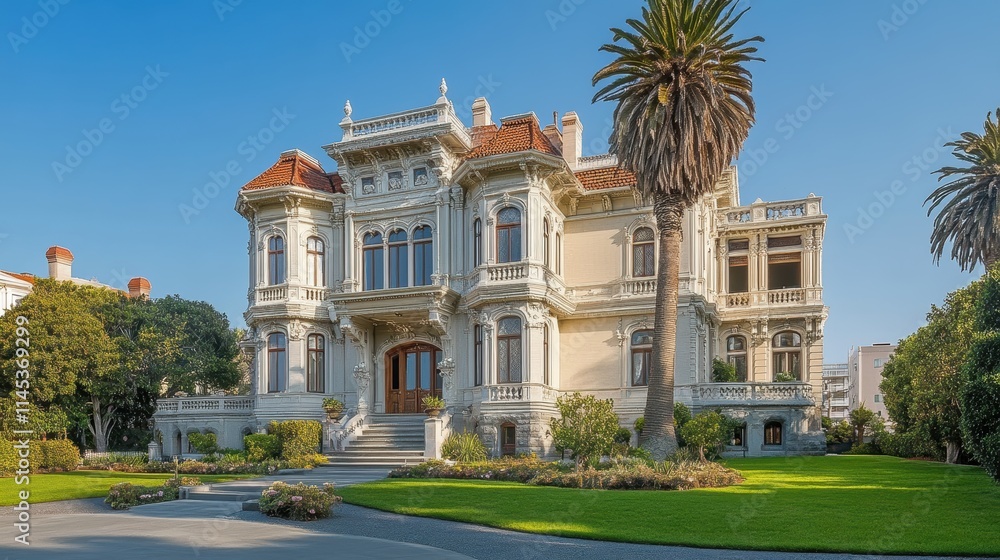 Elegant Mansion Surrounded by Lush Greenery and Palm Trees Elegant Mansion Surrounded by Lush Greenery and Palm Trees