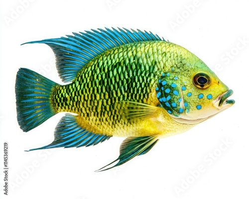Photography A vibrant fish with green and blue scales, showcasing intricate patterns and a striking appearance, ideal for freshwater aquariums