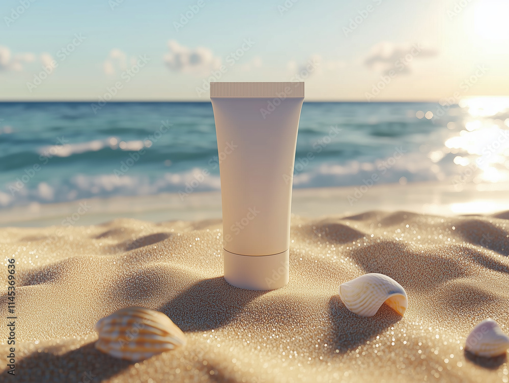 Sleek Sunscreen Tube on Sunlit Beach with Ocean Waves and Golden Sand Featuring Seashells Sleek Sunscreen Tube on Sunlit Beach with Ocean Waves and Golden Sand Featuring Seashells