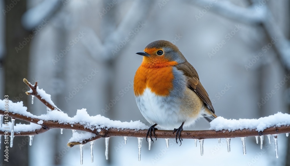 Close-up of robin sitting on frosty branch with icicles and tranquil snowy forest backdrop Close-up of robin sitting on frosty branch with icicles and tranquil snowy forest backdrop