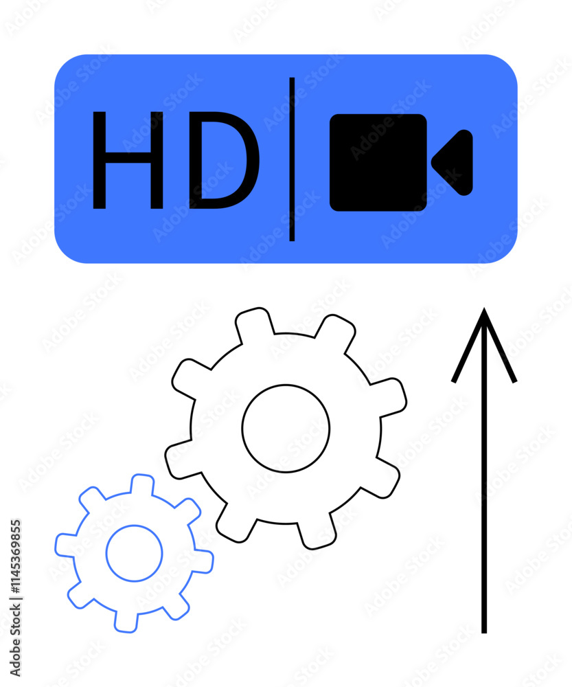 HD video icon above two interlocking gears and upward arrow. Ideal for media quality, technology advancements, productivity, innovation, mechanical processes, engineering, growth. Line metaphor HD video icon above two interlocking gears and upward arrow. Ideal for media quality, technology advancements, productivity, innovation, mechanical processes, engineering, growth. Line metaphor