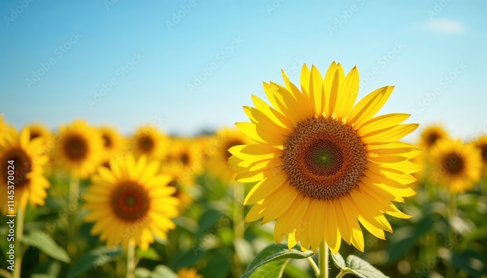 Field of sunflowers under a clear blue sky with focus on prominent sunflower radiating happiness Field of sunflowers under a clear blue sky with focus on prominent sunflower radiating happiness