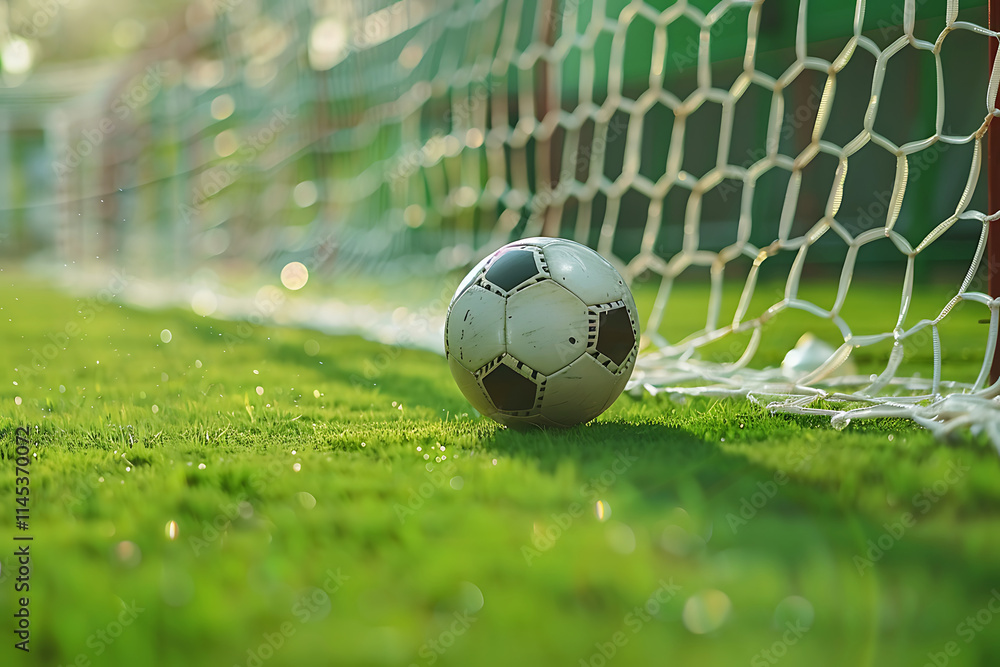 Naklejka premium Close up of a soccer ball flying into the goal net on a green grass field, a sports background. Ai generative