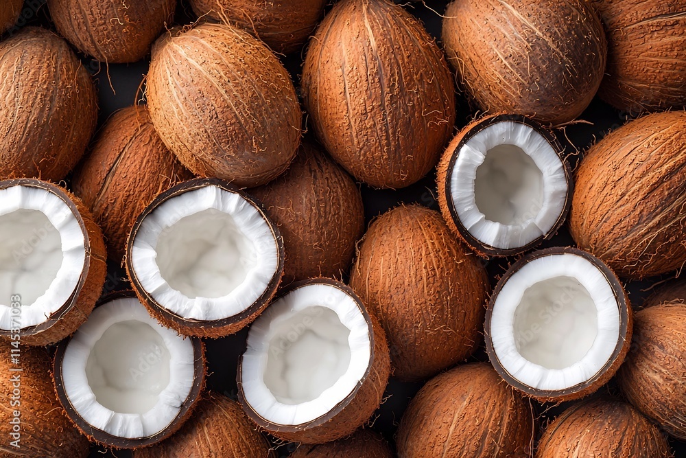 Freshly Harvested Tropical Coconuts Artfully Arranged Against a White Background Freshly Harvested Tropical Coconuts Artfully Arranged Against a White Background
