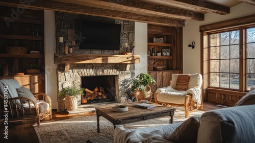 Wallpaper Mural rustic family room with stone fireplace. Torontodigital.ca