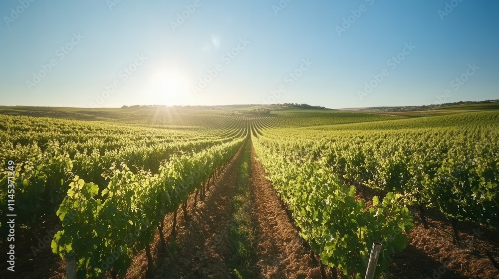 Fototapeta premium Lush vineyard landscape under a bright sun, showcasing rows of grapevines.