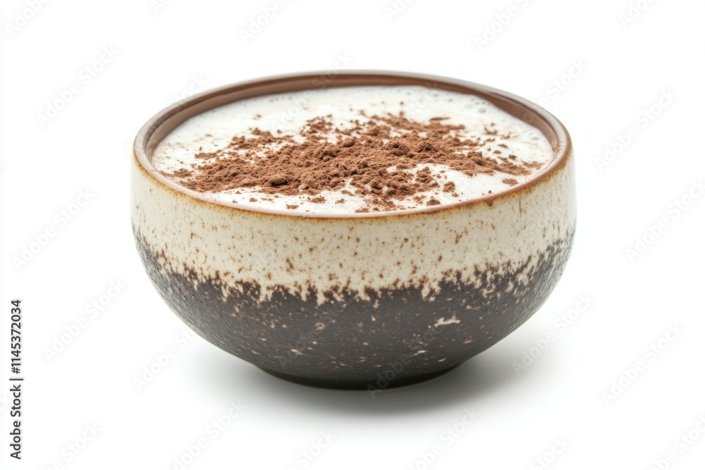 Aromatic Cocoa Dusted Latte in Rustic Bowl on White Background Aromatic Cocoa Dusted Latte in Rustic Bowl on White Background