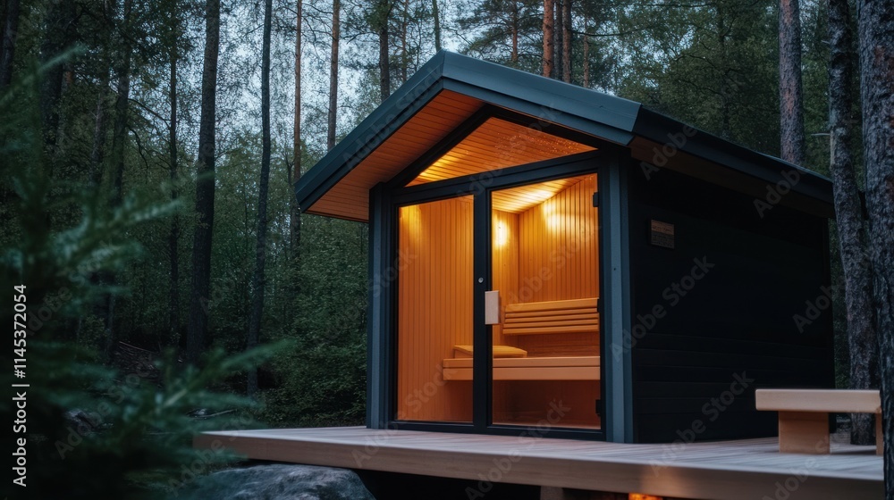 A cozy outdoor sauna situated in a peaceful forest surrounded by tall trees. Soft lighting creates a warm ambiance inviting relaxation and tranquility. Ideal for unwinding after a long day A cozy outdoor sauna situated in a peaceful forest surrounded by tall trees. Soft lighting creates a warm ambiance inviting relaxation and tranquility. Ideal for unwinding after a long day