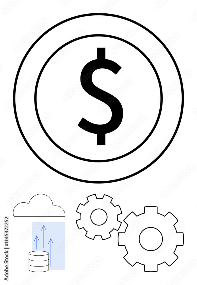 Dollar sign in circle, two gears, cloud database with arrows. Ideal for finance, technology, banking, cloud computing, data management digital infrastructure business operations. Line metaphor Dollar sign in circle, two gears, cloud database with arrows. Ideal for finance, technology, banking, cloud computing, data management digital infrastructure business operations. Line metaphor