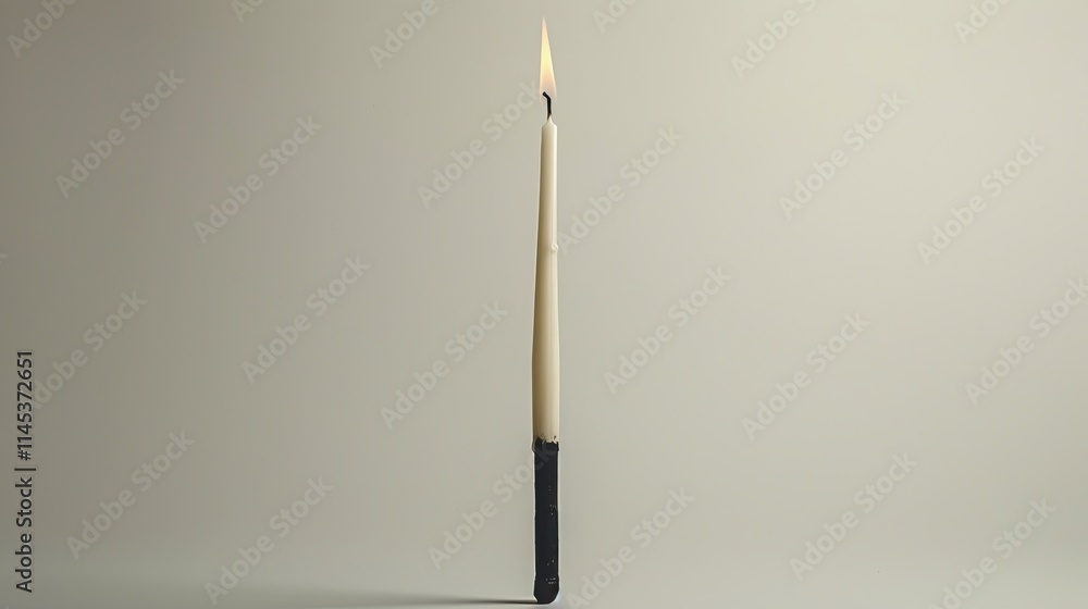 Lit candle with black base on beige background. Lit candle with black base on beige background.