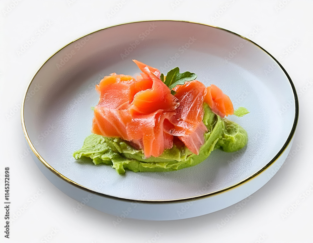 Salmon salad and avocado puree. The avocado is crushed into puree. Healthy food. Isolated object. Photo on a white background for the menu. Copy space. Salmon salad and avocado puree. The avocado is crushed into puree. Healthy food. Isolated object. Photo on a white background for the menu. Copy space.
