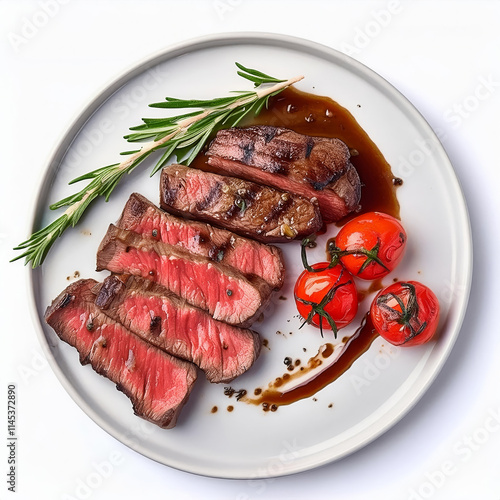 Grilled sliced Beef Steak with tomatoes and rosemary on a plate Isolated on white background top view