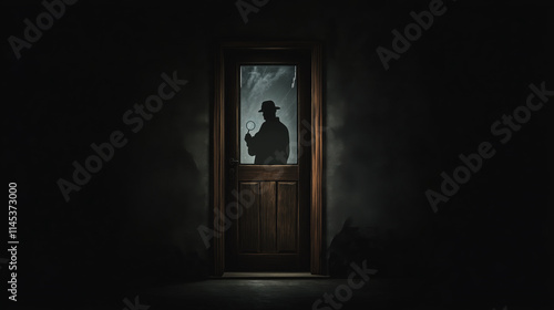 Silhouette of a detective wearing a hat, holding a magnifying glass, visible through a dimly lit glass door.