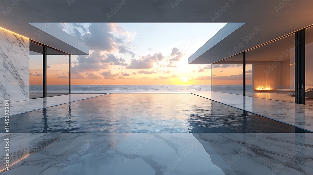 Fototapeta premium Modern luxury home with infinity pool overlooking ocean sunset.