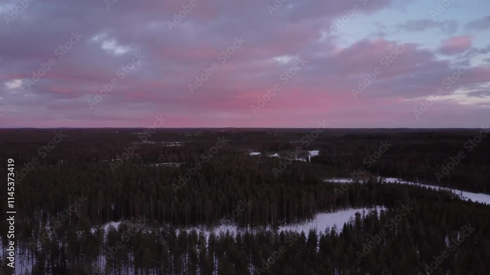 Rotating flight at sunset time over dark forest wilderness in winter in Finland Rotating flight at sunset time over dark forest wilderness in winter in Finland