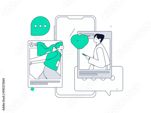 Virtual characters social communication concept business flat vector hand drawn illustration
 photo