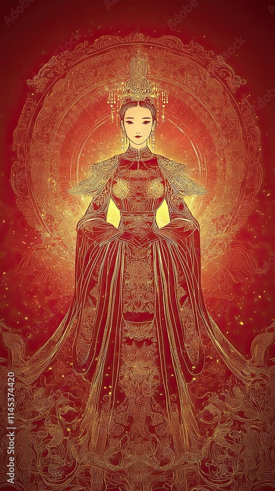 Elegant Empress in Ornate Red Gold Gown Elegant Empress in Ornate Red Gold Gown