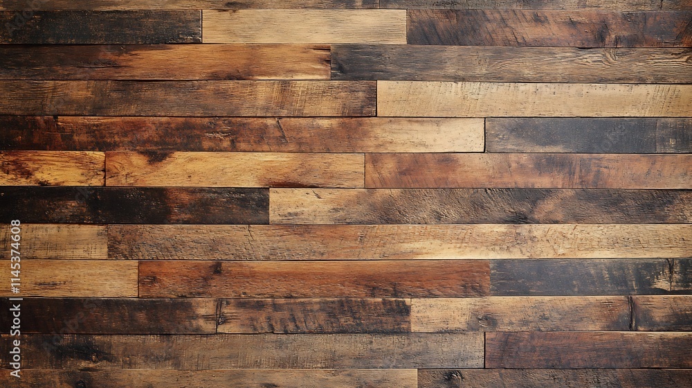 Reclaimed wood wall texture with various shades of brown, showing horizontal planks. Reclaimed wood wall texture with various shades of brown, showing horizontal planks.