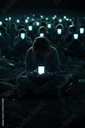 A conceptual depiction of society's growing dependency on mobile phones and technology. A group of young people sits chained on the street, engrossed in their glowing devices, symbolizing addiction. photo