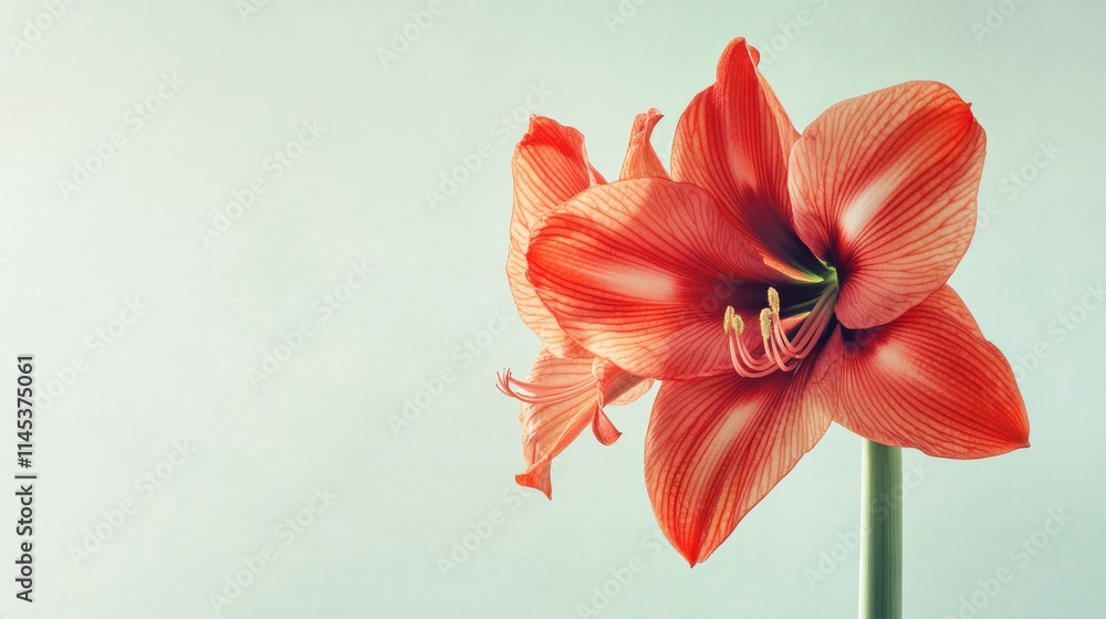 Obraz premium A bold red amaryllis against a pale mint green background, close-up shot, Minimalist style