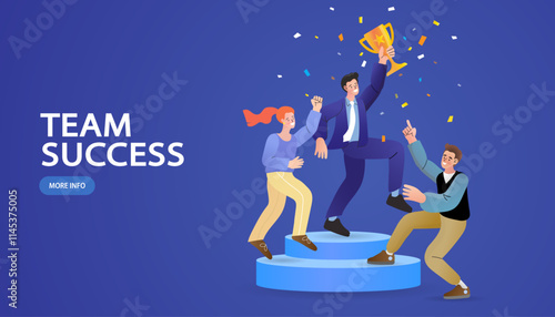 business team celebrating on a winners podium, popping champagne and holding a gold trophy. Vector illustration of team success, victory, and achieving goals.