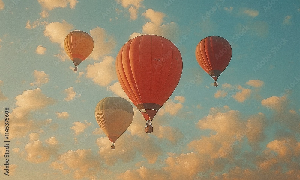 Fototapeta premium Four hot air balloons drift peacefully across a pastel sky, creating a serene and picturesque scene.