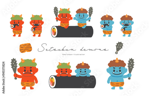 節分の赤鬼と青鬼のかわいいイラストセット