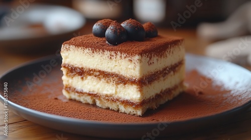 A slice of creamy tiramisu dessert topped with cocoa and berries on a plate.