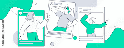 Virtual characters social communication concept business flat vector hand drawn illustration
