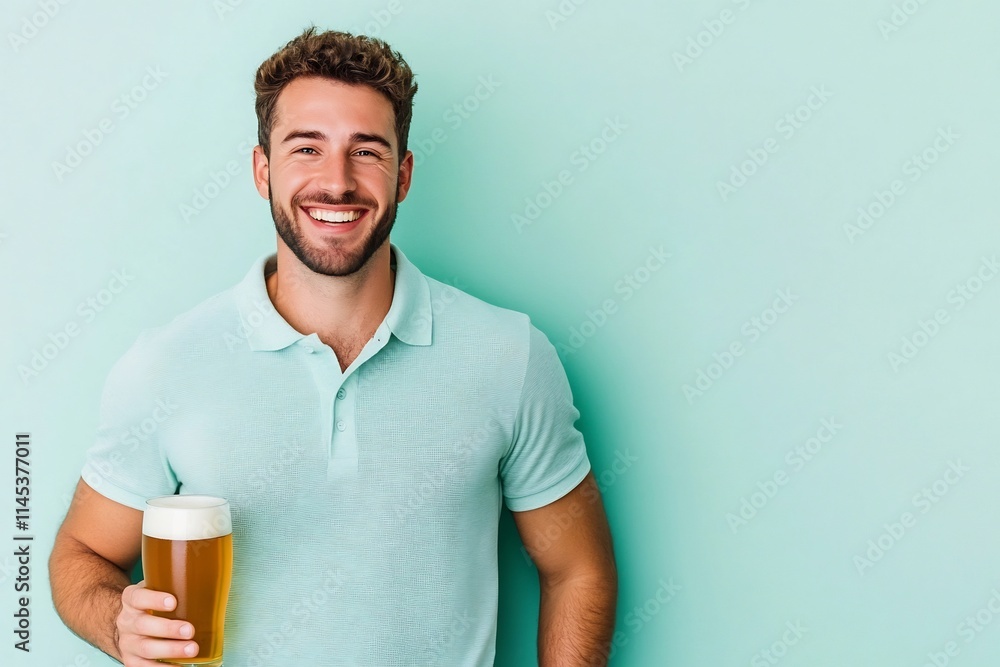 Smiling Man in Polo Shirt Holding Beer on Solid Background Smiling Man in Polo Shirt Holding Beer on Solid Background