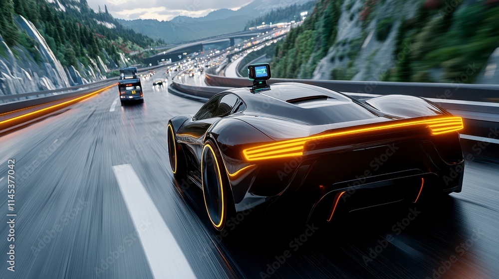 Naklejka premium A sleek, modern sports car speeds down a highway, showcasing dynamic design and vibrant lighting against a scenic mountainous backdrop.