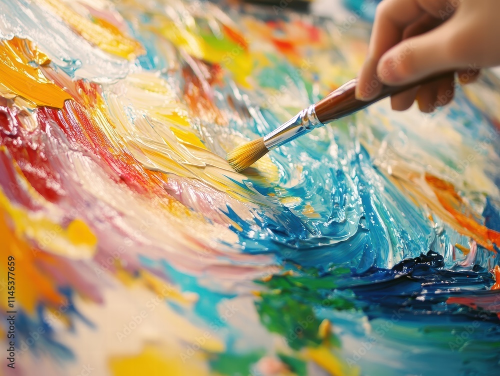 Hand Holding Paintbrush Creating Vibrant Abstract Colorful Art Hand Holding Paintbrush Creating Vibrant Abstract Colorful Art