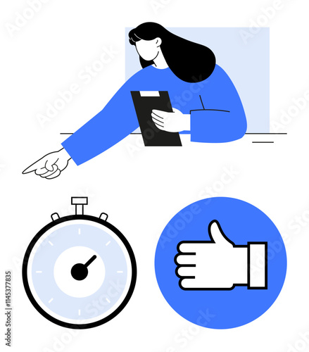 Businesswoman holding a clipboard and pointing stopwatch symbolizes time management thumbs-up for approval and success. Ideal for business, organization, productivity, deadlines, management