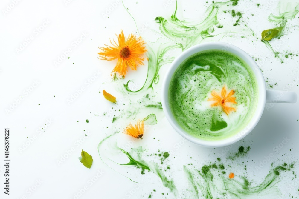 Vibrant Matcha Latte Art with Orange Flower Accents on White Canvas Vibrant Matcha Latte Art with Orange Flower Accents on White Canvas
