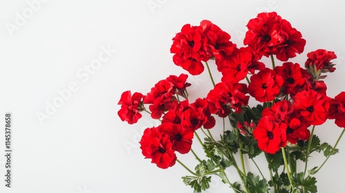 A bouquet of bright geranium flowers in vivid red arranged against a clean white backdrop, side view shot, Minimalist style