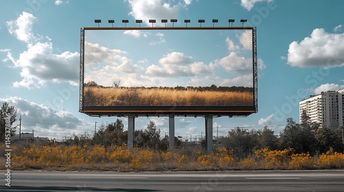 Dynamic mockup of a digital ad on a large outdoor billboard isolated on a transparent background for advertising campaigns photo