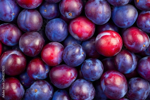 Vibrant Arrangement of Fresh Purple and Red Plums Showcasing Nature s Bounty photo