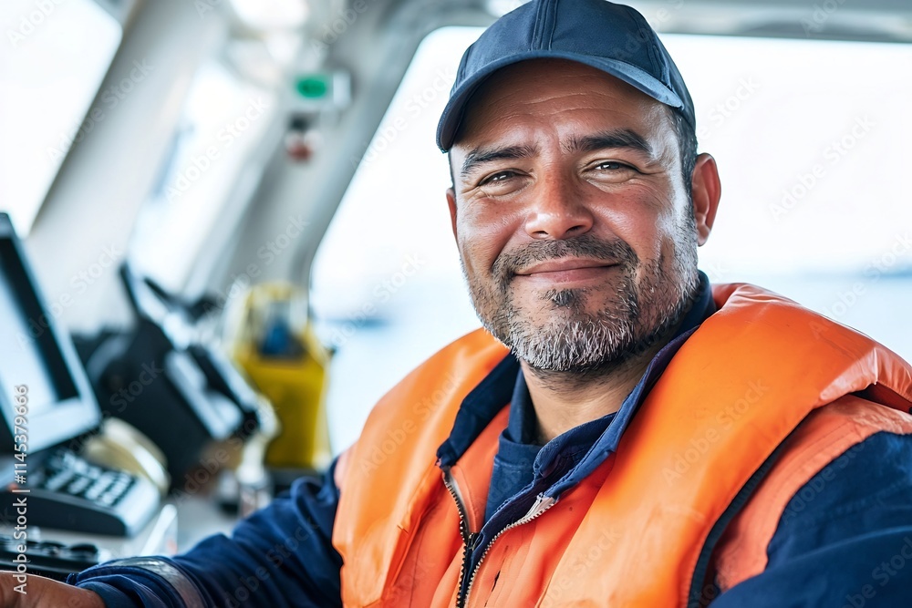 Confident Ship Captain in Workspace Smiles Proudly at Confident Ship Captain in Workspace Smiles Proudly at