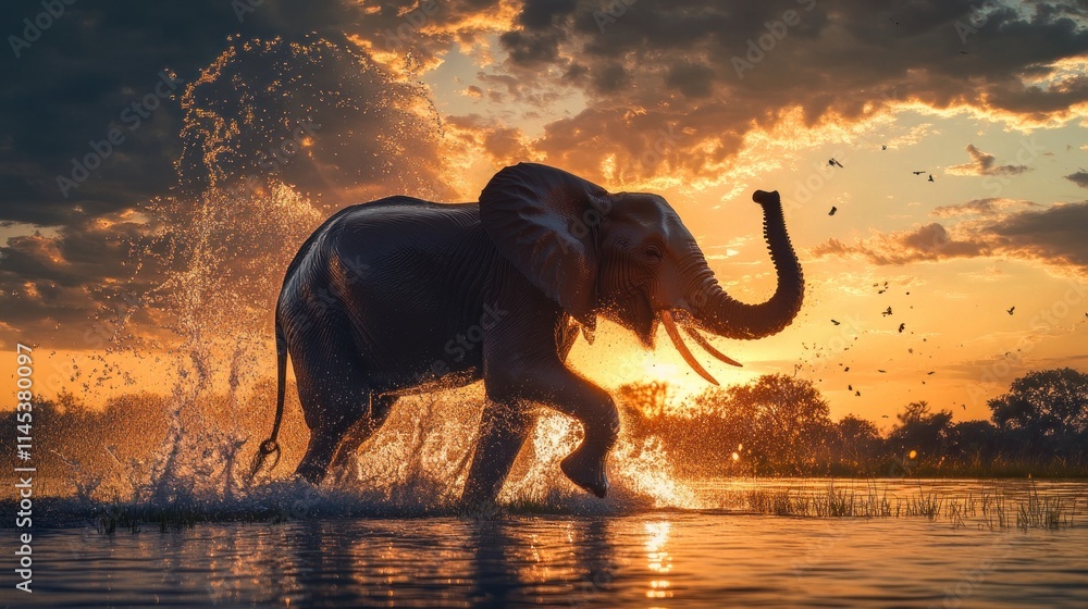 Naklejka premium Majestic elephant running through water at sunset.