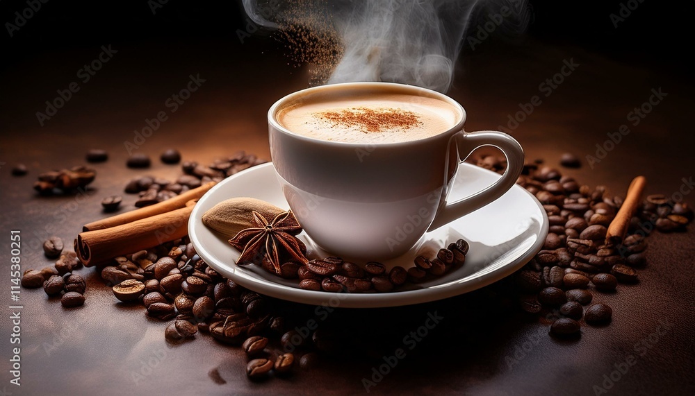Warm cup of coffee with cinnamon and star anise. Warm cup of coffee with cinnamon and star anise.