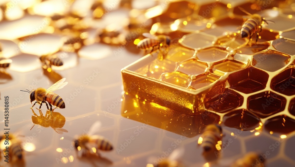 Honeycomb with Bees in Golden Light Honeycomb with Bees in Golden Light