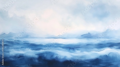 Serene blue landscape painting, misty mountains, calm lake, abstract art.