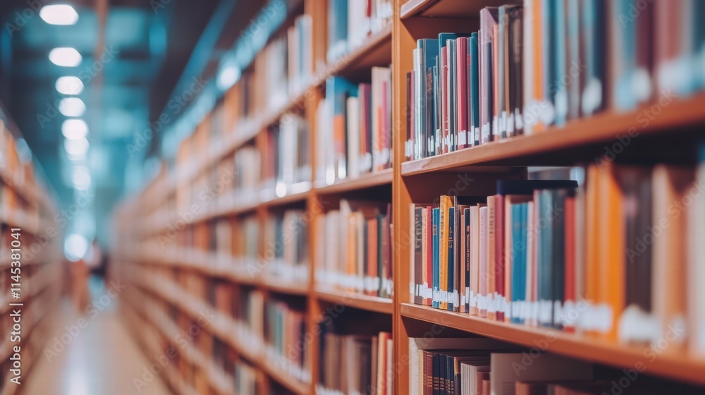 Bookshelves in a Modern Library with Soft Focus on Rows of Books Bookshelves in a Modern Library with Soft Focus on Rows of Books