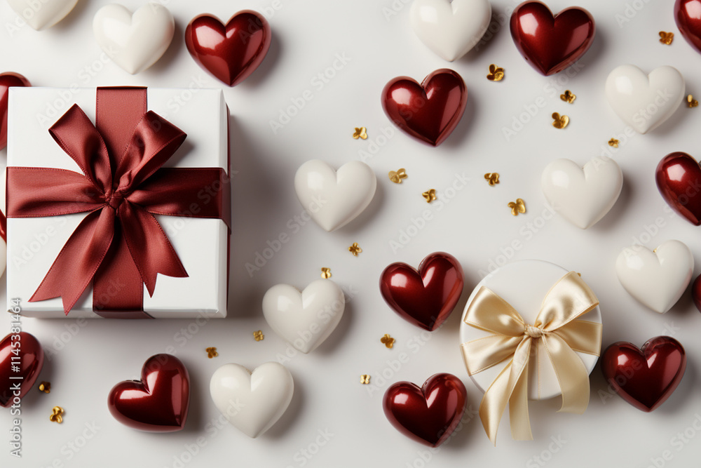 White Gift box and festive red hearts on white background. Gift concept for Valentine Day, Wedding or Birthday, White Gift box and festive red hearts on white background. Gift concept for Valentine Day, Wedding or Birthday,