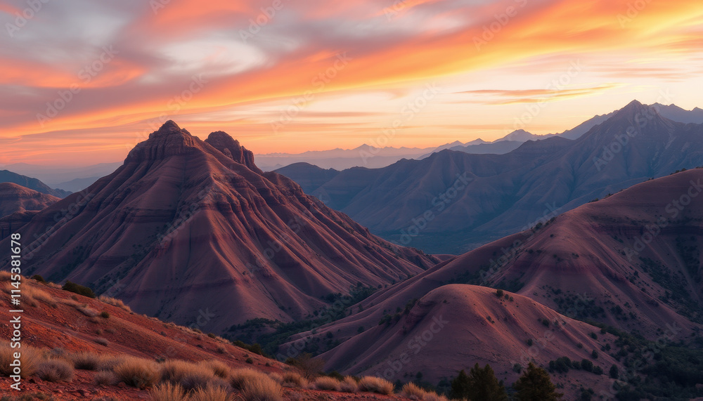 Naklejka premium Sunset Hues Over Rolling Mountain Ranges