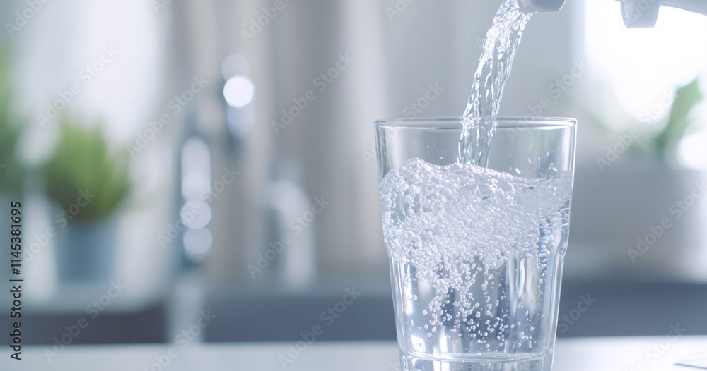 Fresh Water Poured into a Glass on a White Table Fresh Water Poured into a Glass on a White Table
