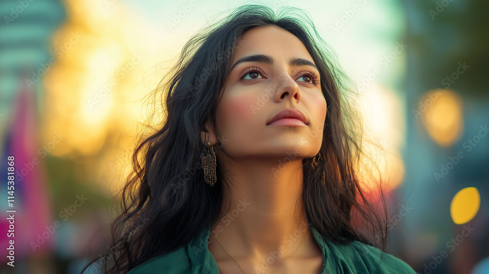 Young latina woman with hopeful face against pink city background Young latina woman with hopeful face against pink city background