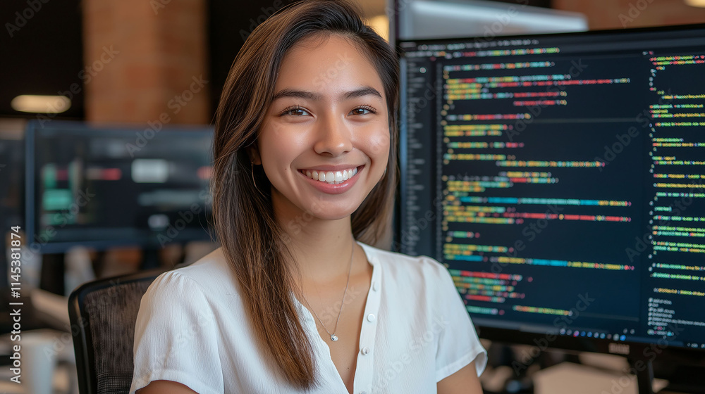 Young Latina female programmer next to her monitor full of data for programming Young Latina female programmer next to her monitor full of data for programming