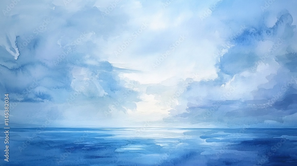 Serene watercolor painting of a calm sea and cloudy sky. Serene watercolor painting of a calm sea and cloudy sky.